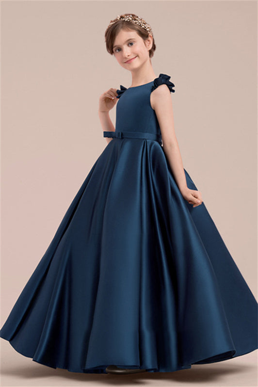 Fabulous Navy Blue Satin Flower Girl Dress With Bowknot