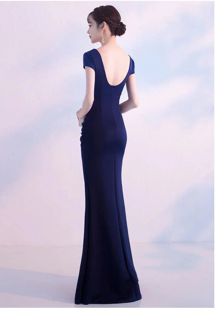 Fabulous Short Sleeves Beads Evening Dress Mermaid V-Neck With Slit