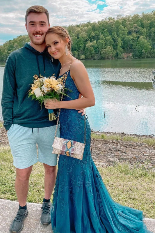 Sexy Teal Lace Tulle Mermaid Backless Prom Dresses