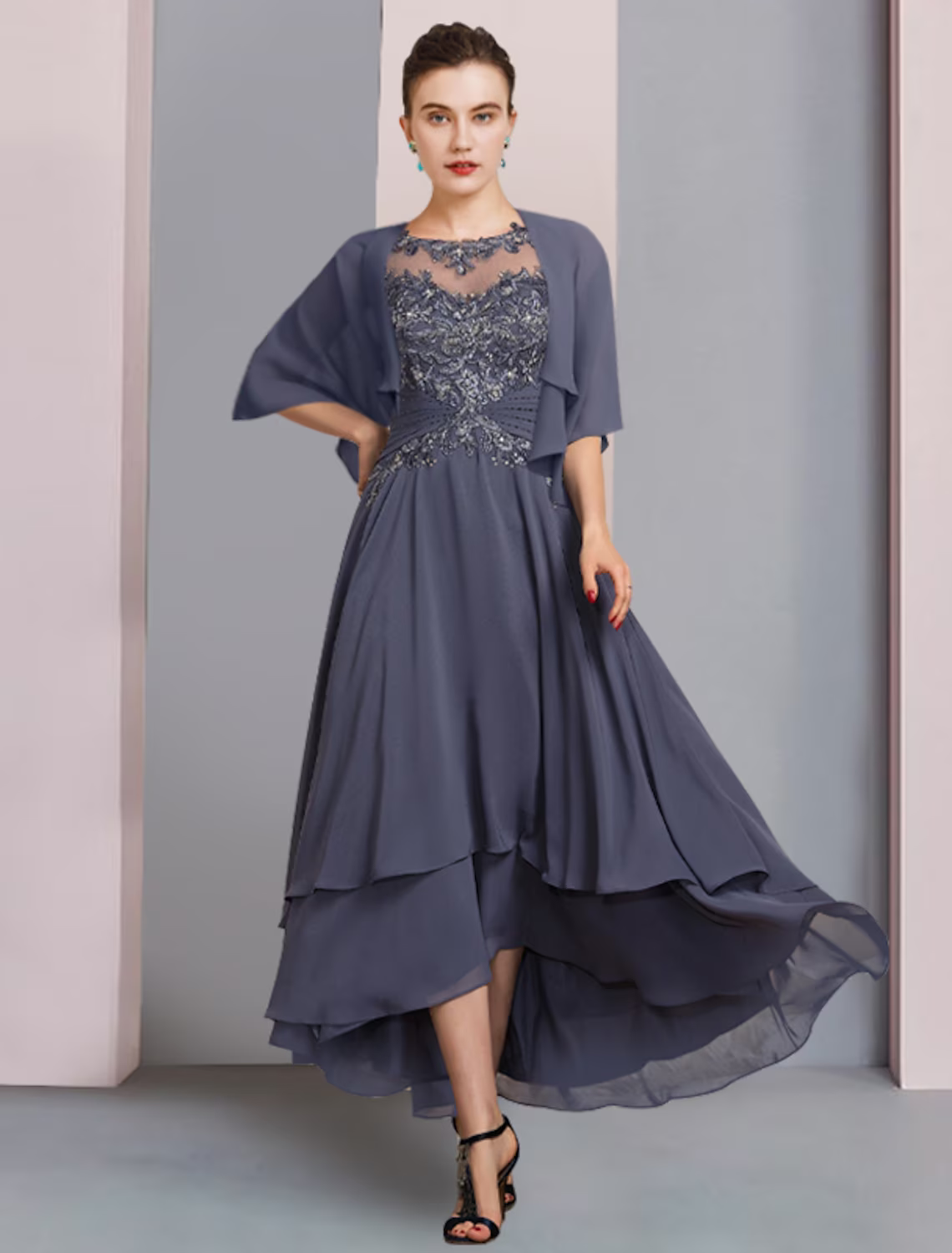 A-Line Mother of the Bride Dress Wedding Guest Vintage Plus Size Elegant V Neck Satin Sleeve with Pleats