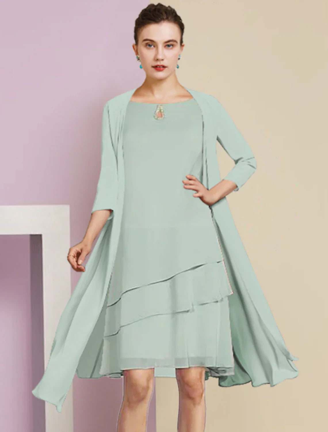 Aimishang Two Piece A-Line Mother of the Bride Dress Formal Wedding Guest Elegant Scoop Neck Knee Length Chiffon 3/4 Length Sleeve with Tier