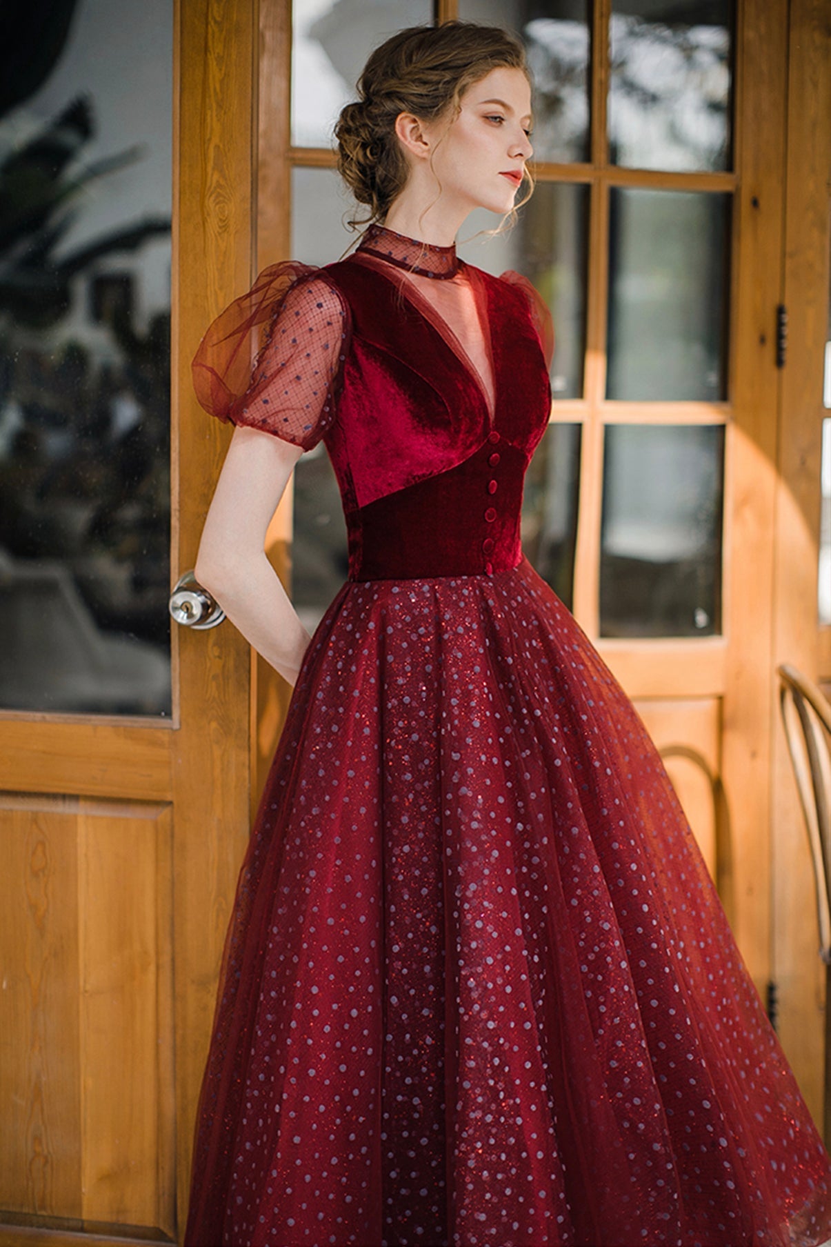 Burgundy tulle short prom dress A line evening dress 8647