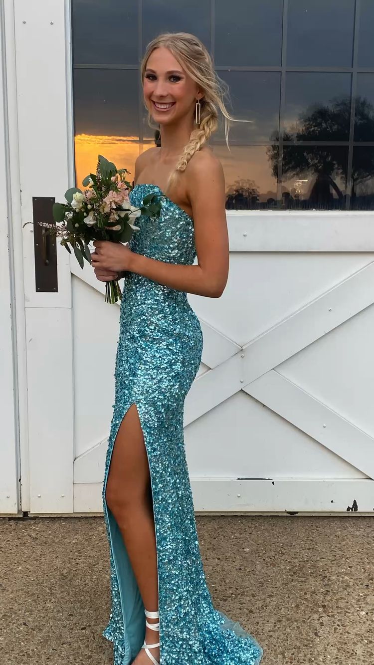 Strapless Sequins Long Prom Dress With Side Slit Sparkly Evening Dress cc367