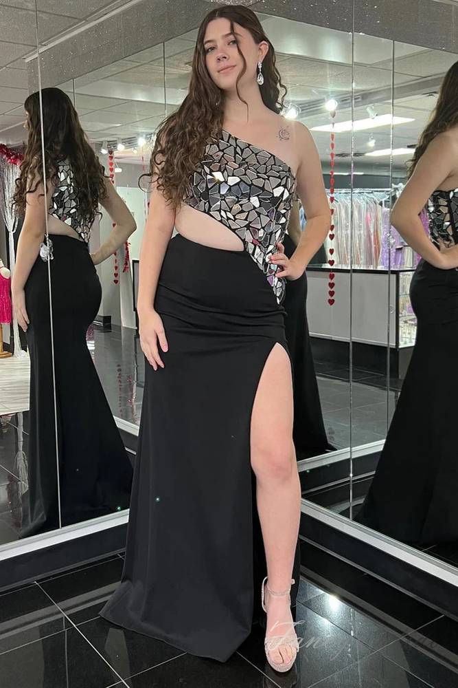 Royal Blue Sequin Cutout Mermaid Slit Prom Dress with One Shoulder