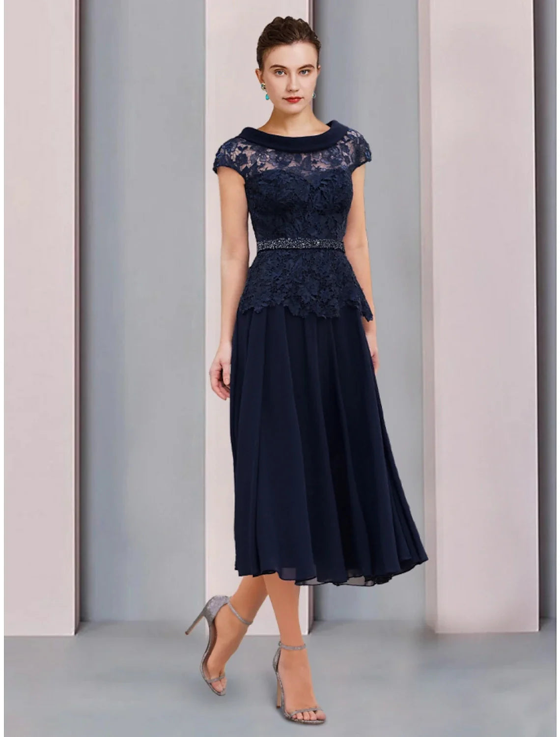 Aimishang A-Line Mother of the Bride Dress Wedding Guest Elegant Scoop Neck Tea Length Chiffon Lace Short Sleeve with Sequin Ruching Solid Color