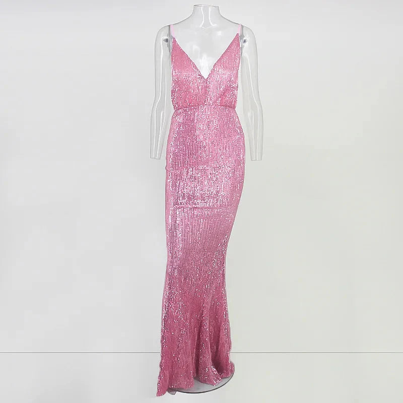 Glamorous Spaghetti-Straps Sequins Navy Prom Dress Long Mermaid Evening Gowns