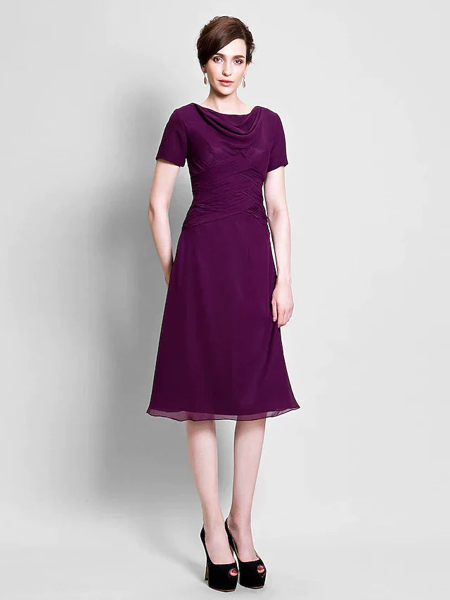 DingjiA-Line Mother of the Bride Dress Cowl Neck Tea Length Chiffon Short Sleeve with Ruched Side Draping