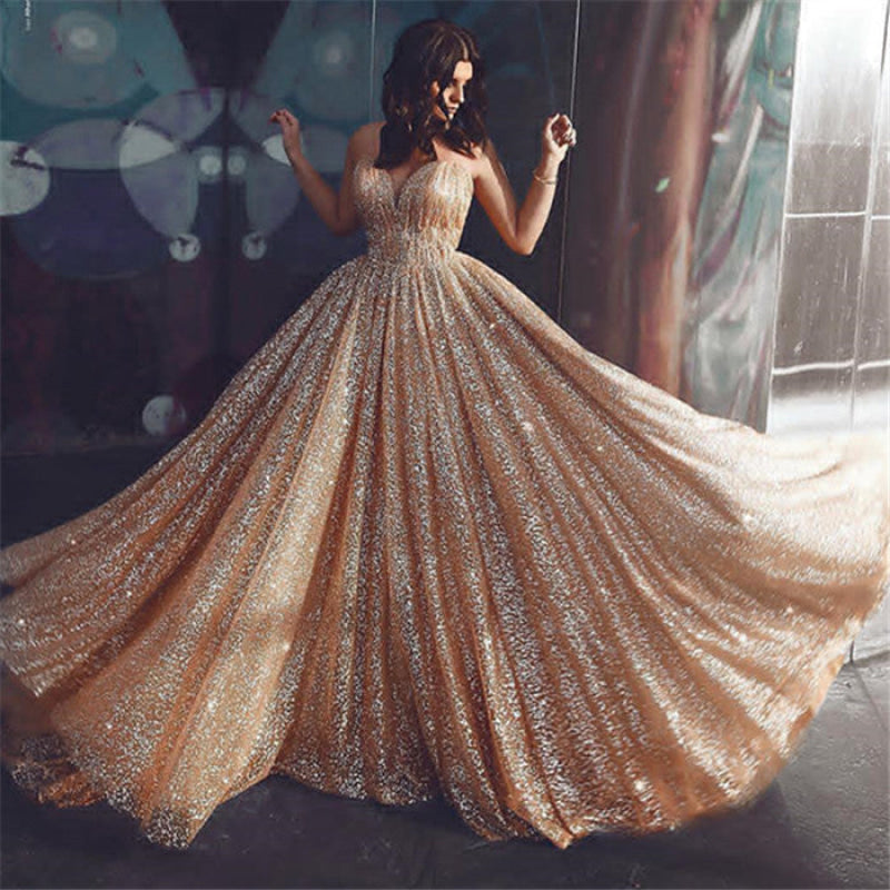 Gold Sequins Long Prom Dress Spaghetti Straps Aline Evening Dress Sweetheart