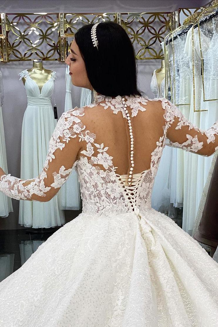 Gorgeous High-neck Long Sleeves Wedding Dress With Lace Appliques