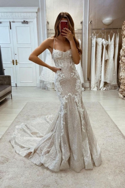 Gorgeous Tulle Lace Mermaid Wedding Dress Spaghetti Straps Glitter Bridal Dress