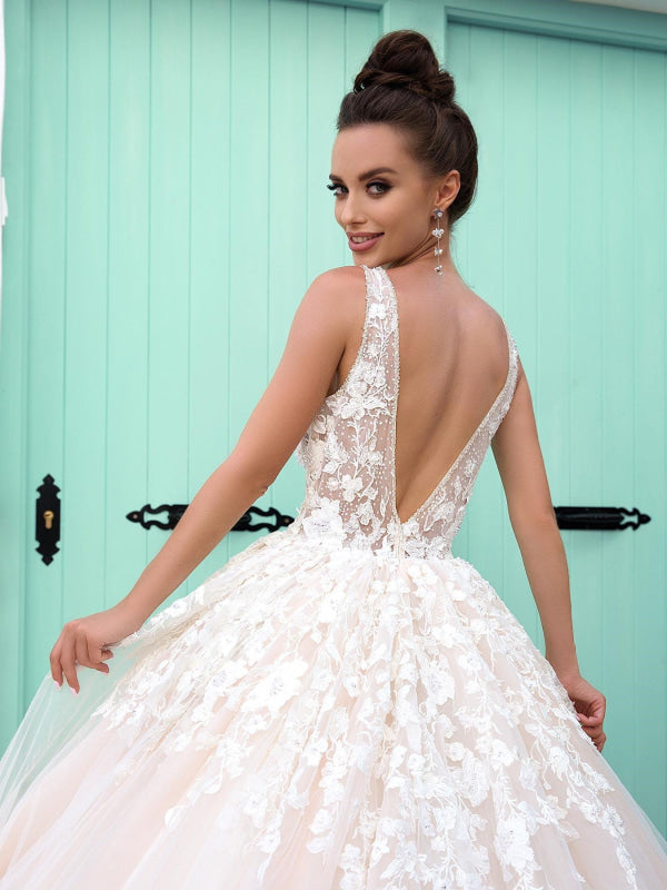 Gorgeous V Neck Open Back Pink Lace Long Ball Gown Wedding Dress
