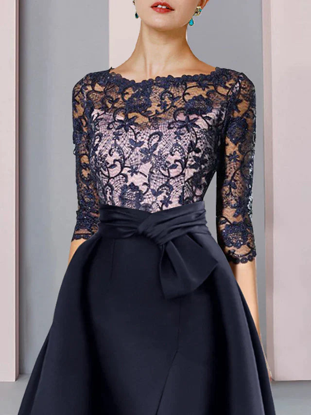 DingjiSheath / Column Mother of the Bride Dress Formal Party Elegant Scoop Neck Sweep / Brush Train Satin Lace Half Sleeve with Bow(s) Split Front