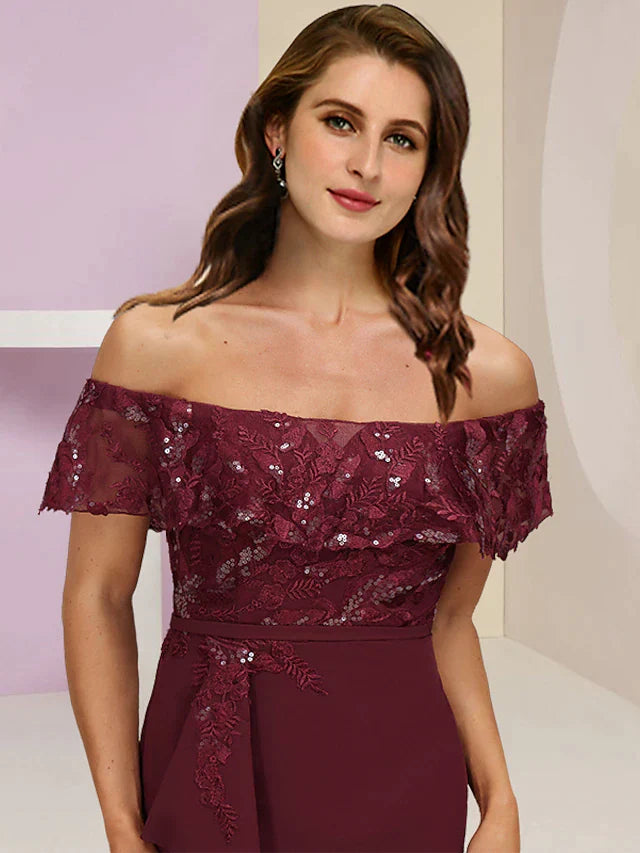 Plus Size Curve Mother of the Bride Dress Wedding Guest Party Elegant Off Shoulder Floor Length Chiffon Lace Short Sleeve with Sequin Ruffles