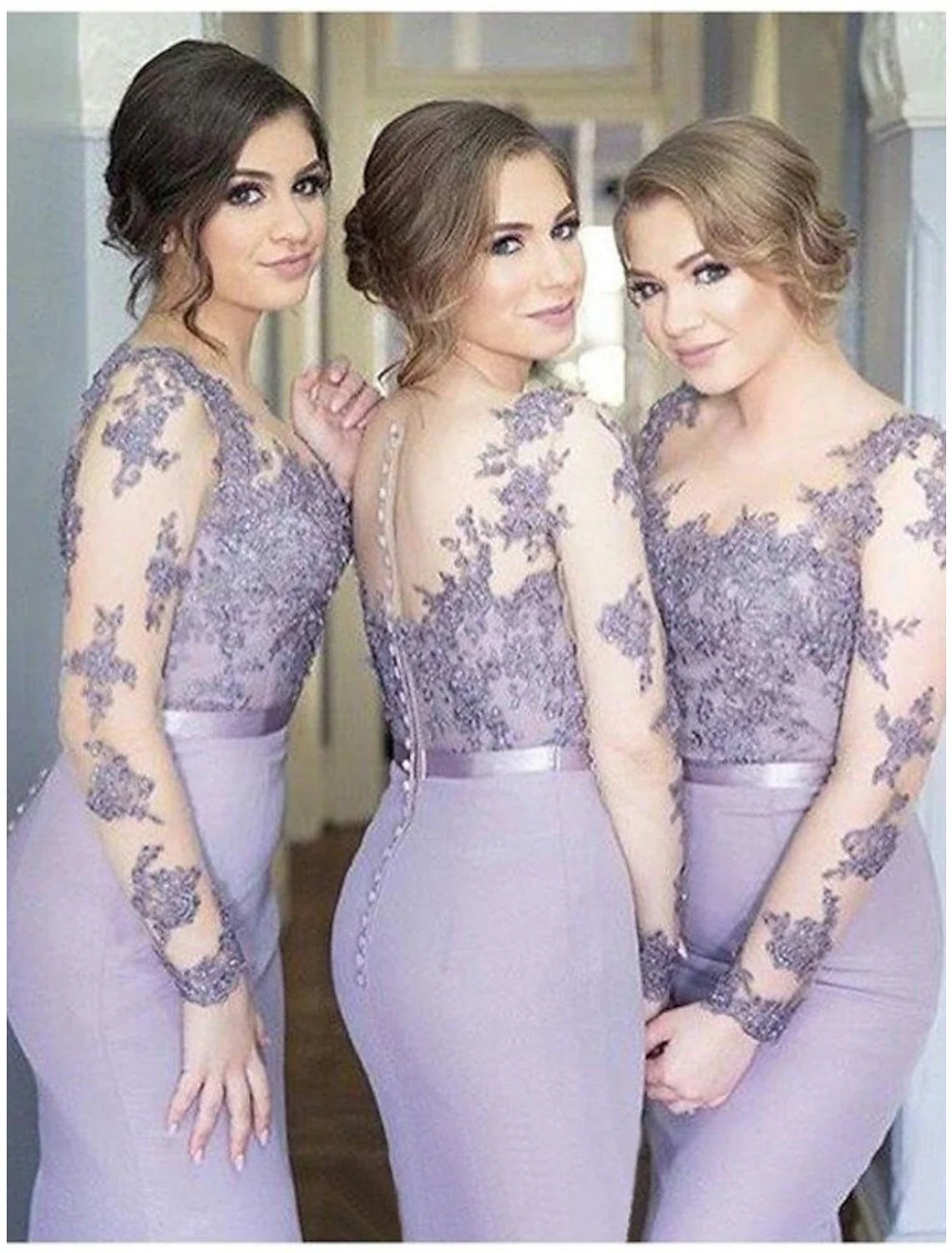 Mermaid / Trumpet Bridesmaid Dress Jewel Neck Long Sleeve Elegant Floor Length Chiffon with Sash / Ribbon / Buttons / Bell Sleeve