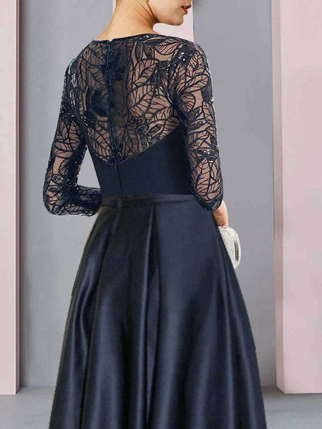 Dingji A-Line Mother of the Bride Dress Wedding Guest Vintage Party Jewel Neck Asymmetrical Satin Lace Sequined Half Sleeve with Pleats