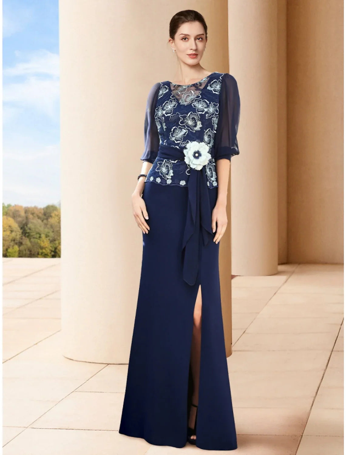 Aimishang Sheath / Column Mother of the Bride Dress Wedding Guest Elegant Jewel Neck Floor Length Stretch Chiffon Half Sleeve with Split Front Ruching Flower