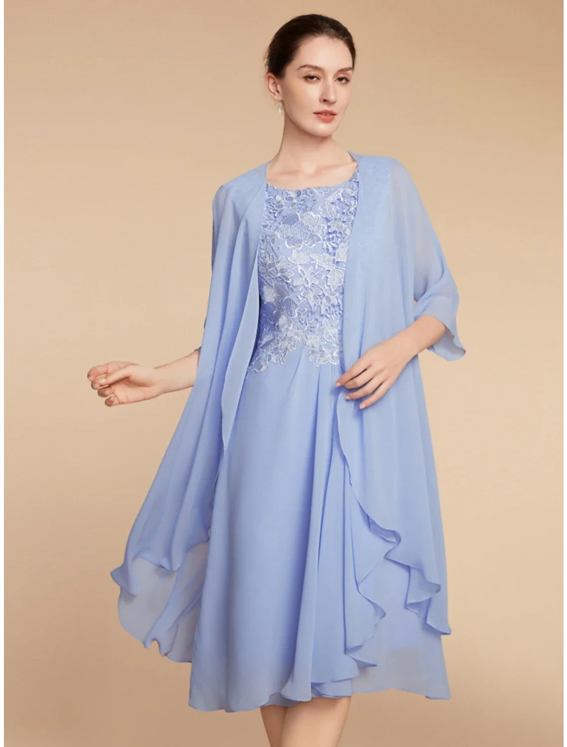 Aimishang Two Piece Sheath / Column Mother of the Bride Dress Wedding Guest Elegant Petite Scoop Neck Knee Length Chiffon Lace Half Sleeve with Ruching Solid Color