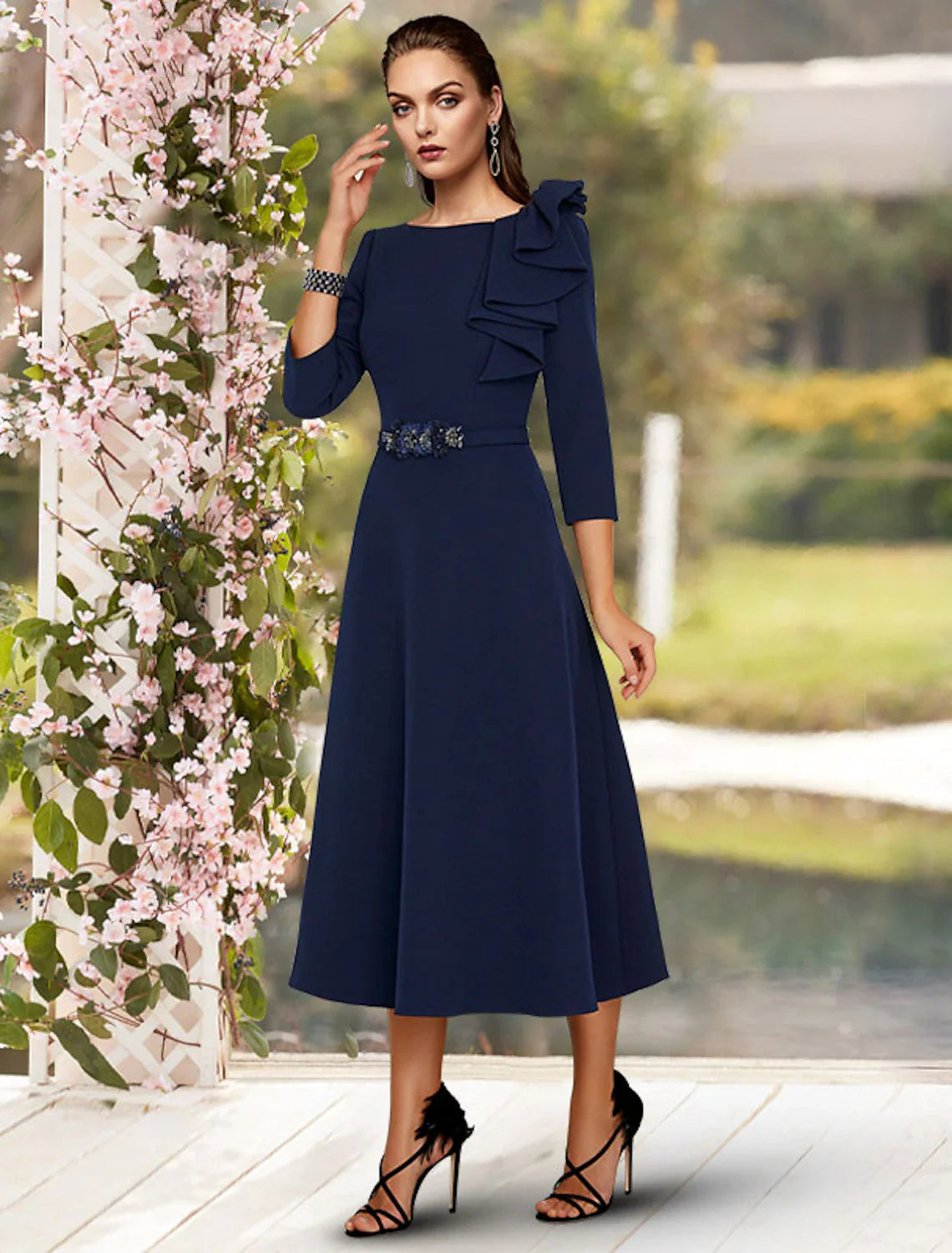 Aimishang A-Line Mother of the Bride Dress Wedding Guest Elegant Jewel Neck Tea Length Stretch Fabric 3/4 Length Sleeve with Sash / Ribbon Side Draping Fall