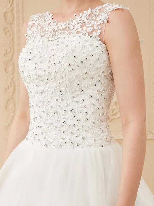 Jewel Neck Sleeveless Wedding Dresses White Tulle Lace Floor Length Bride Dresses