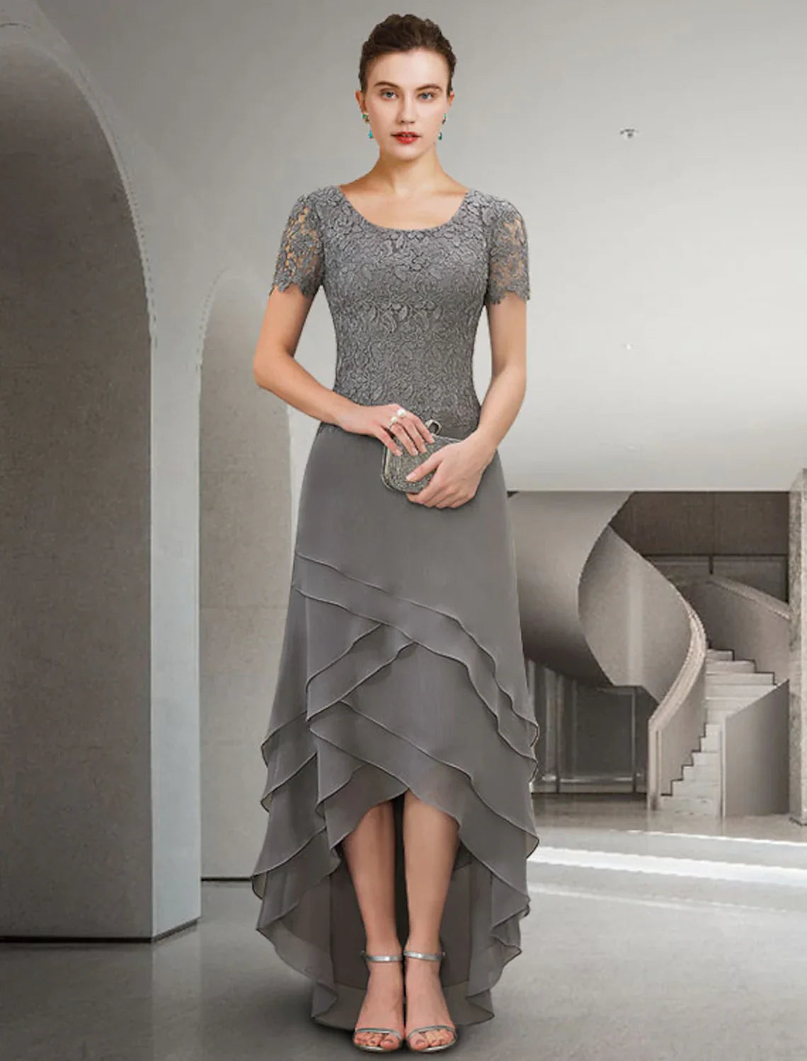 Aimishang A-Line Mother of the Bride Dress Elegant High Low Jewel Neck Asymmetrical Floor Length Chiffon Lace Short Sleeve with Appliques Cascading Ruffles