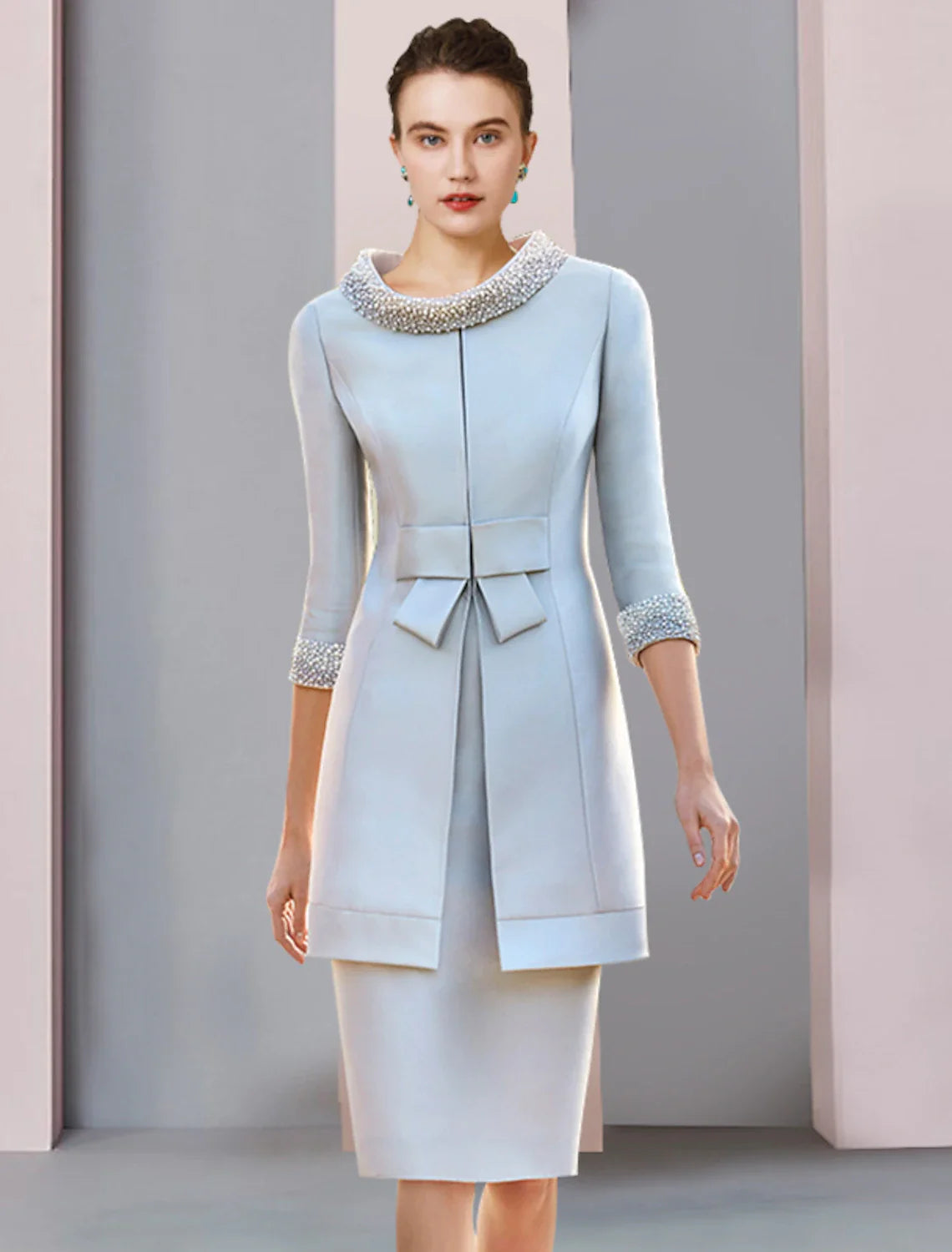 Aimishang Two Piece Mother of the Bride Dress Wedding Guest Party Elegant Scoop Neck Knee Length Satin 3/4 Length Sleeve with Bow(s) Pearls