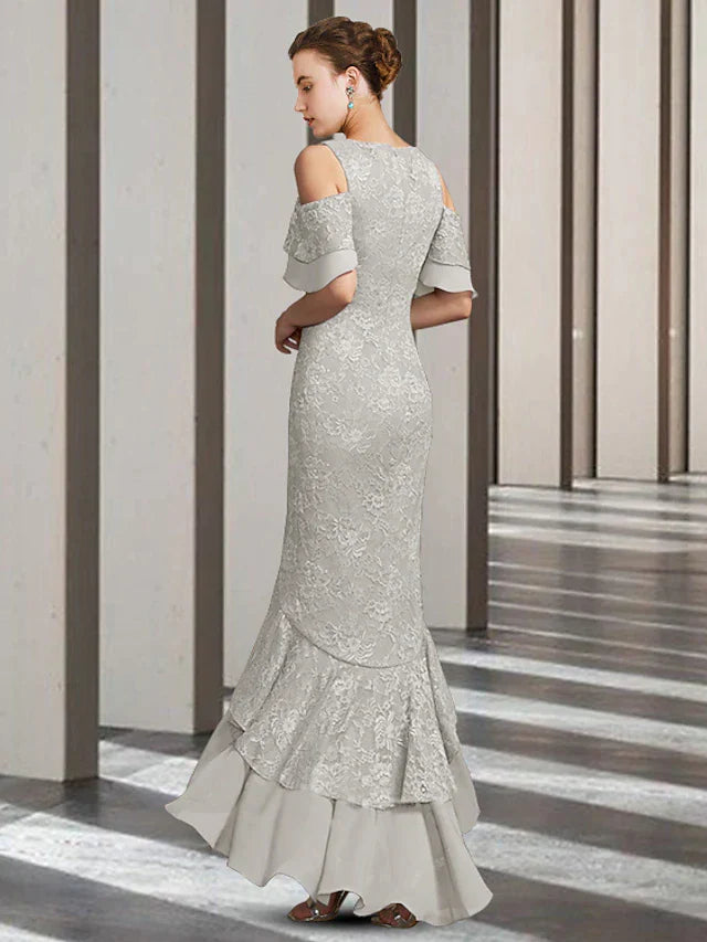 DingjiSheath / Column Mother of the Bride Dress Elegant High Low Jewel Neck Floor Length Chiffon Lace Short Sleeve with Ruffles