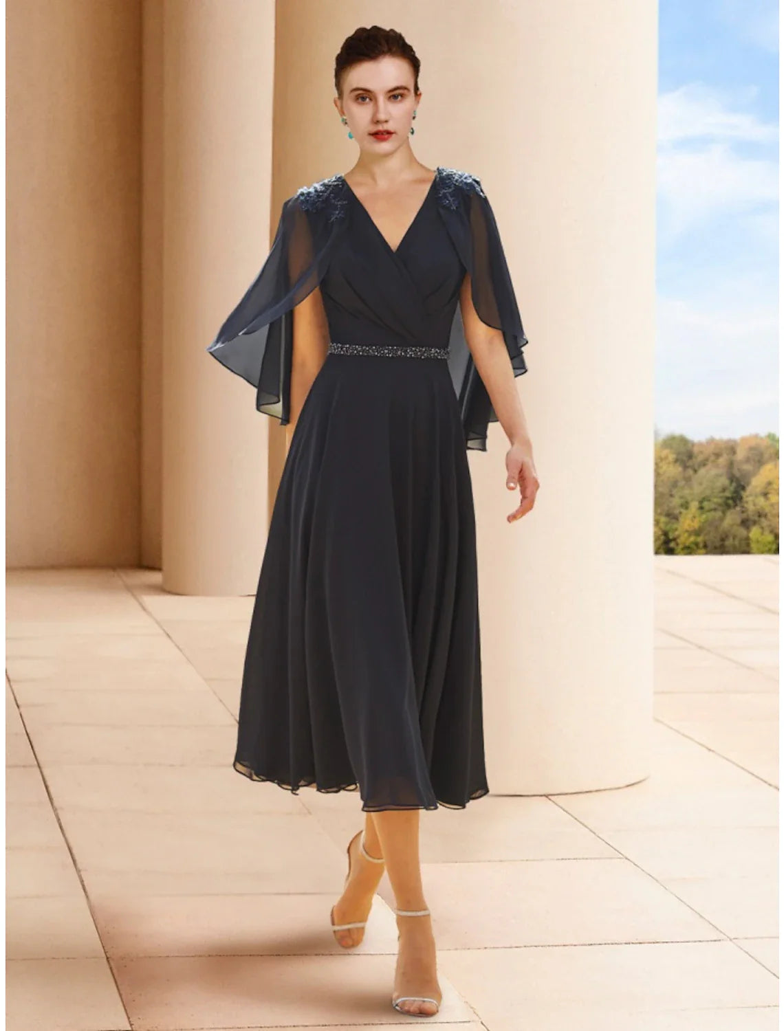 Aimishang A-Line Mother of the Bride Dress Wedding Guest Elegant Petite V Neck Tea Length Chiffon Half Sleeve with Sequin Ruching