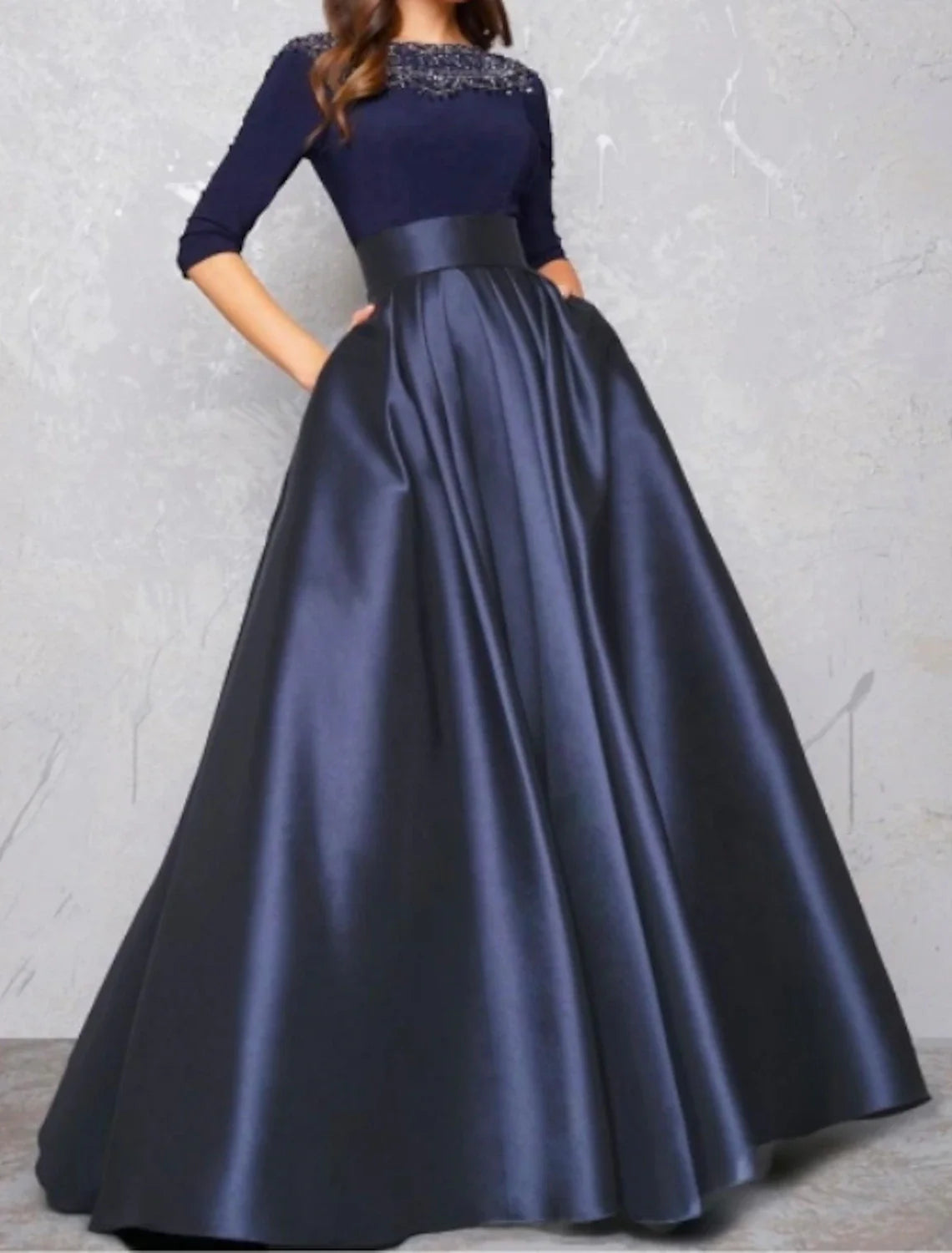 Aimishang Ball Gown Evening Gown Minimalist Dress Quinceanera Formal Evening Floor Length Half Sleeve Illusion Neck Fall Wedding Guest Satin with Pleats Lace Insert
