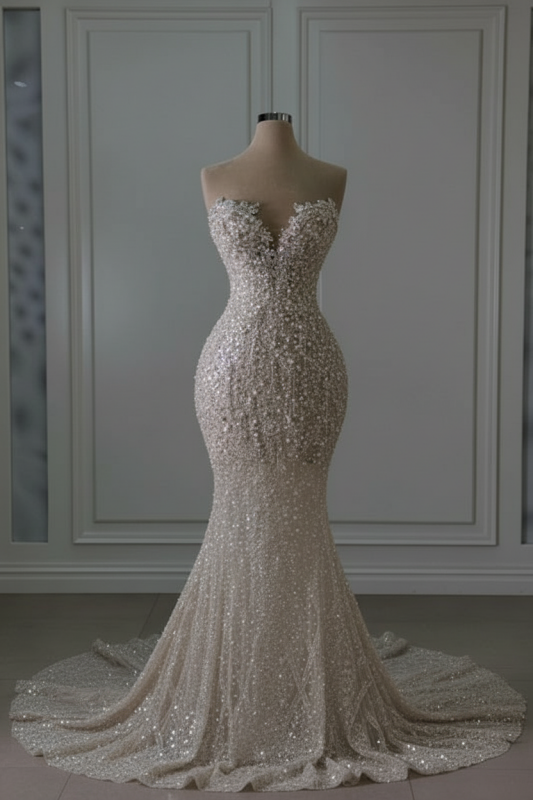 Luxury Sweetheart Glitter Beaded Mermaid Wedding Gown with Train