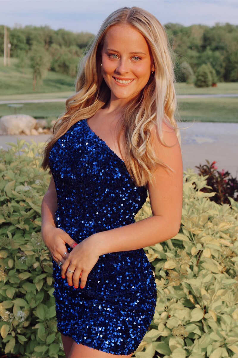 Classic One Shoulder Sleeveless Sequins Tight Party Homecoming Dress