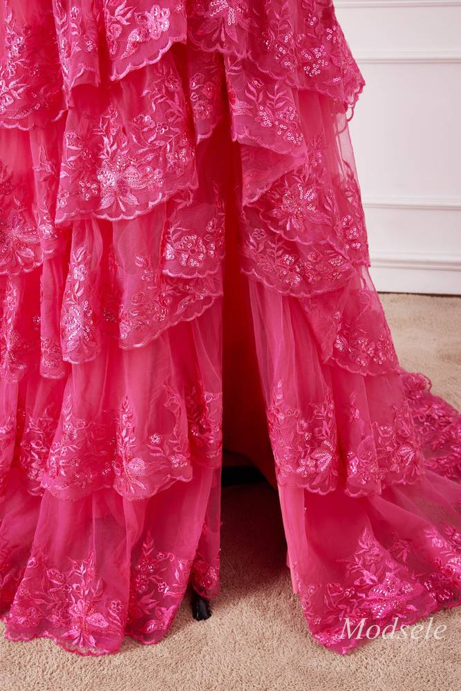 Fuchsia Glitter Appliques Off-the-Shoulder Ruffle Long Prom Dress