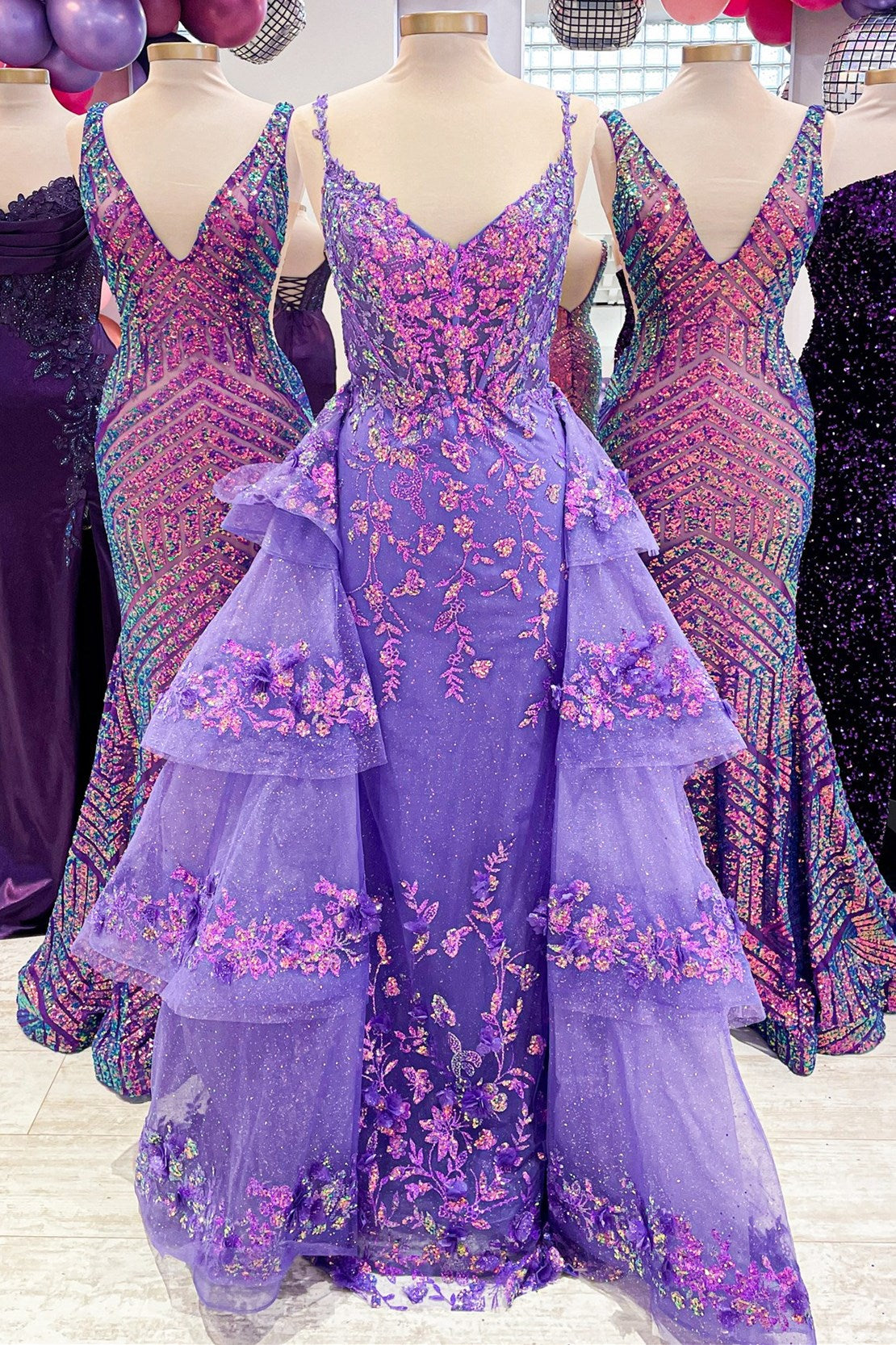 Blue Sequin Lace V-Neck Pageant Dress with Attached Train
