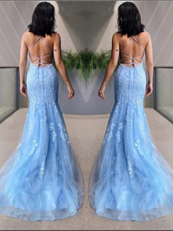 Mermaid Backless Light Blue Lace Long Prom Dresses, Mermaid Blue Formal Dresses, Light Blue Lace Evening Dresses
