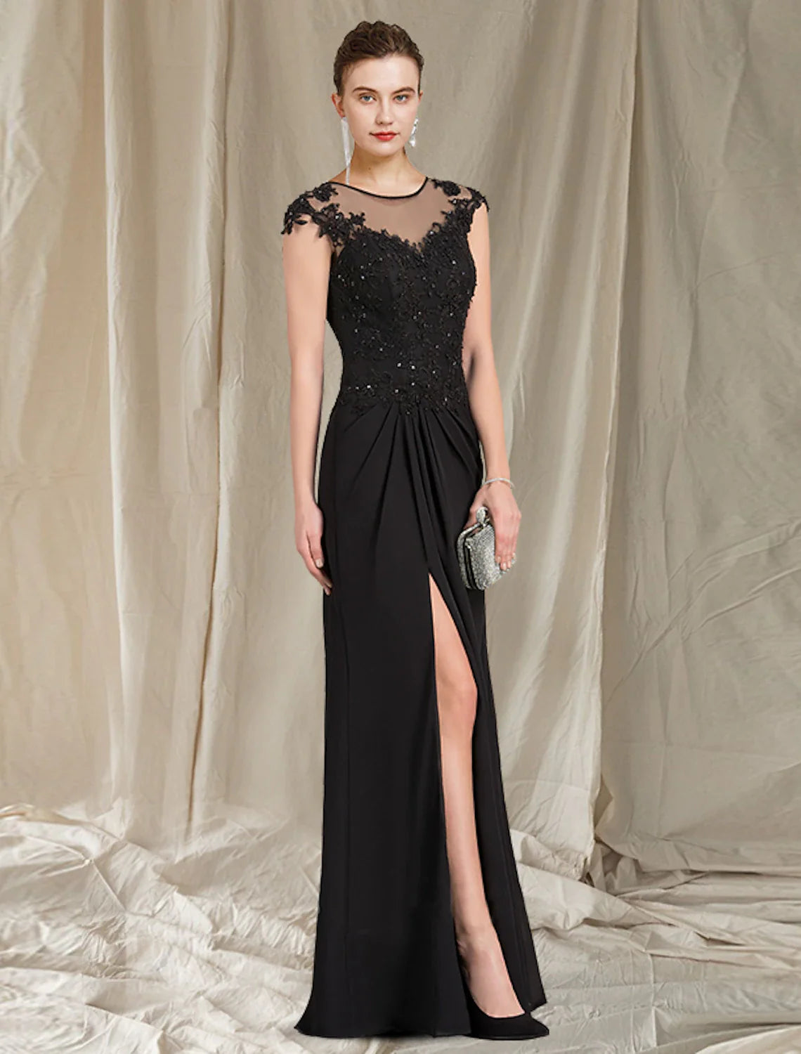 Aimishang Sheath / Column Mother of the Bride Dress Elegant Jewel Neck Floor Length Chiffon Lace Short Sleeve with Appliques Split Front