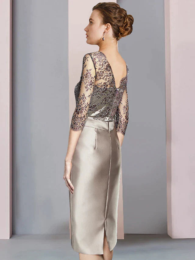 DingjiSheath / Column Mother of the Bride Dress Wedding Guest Elegant Square Neck Knee Length Satin Lace Half Sleeve with Bow(s) Ruching