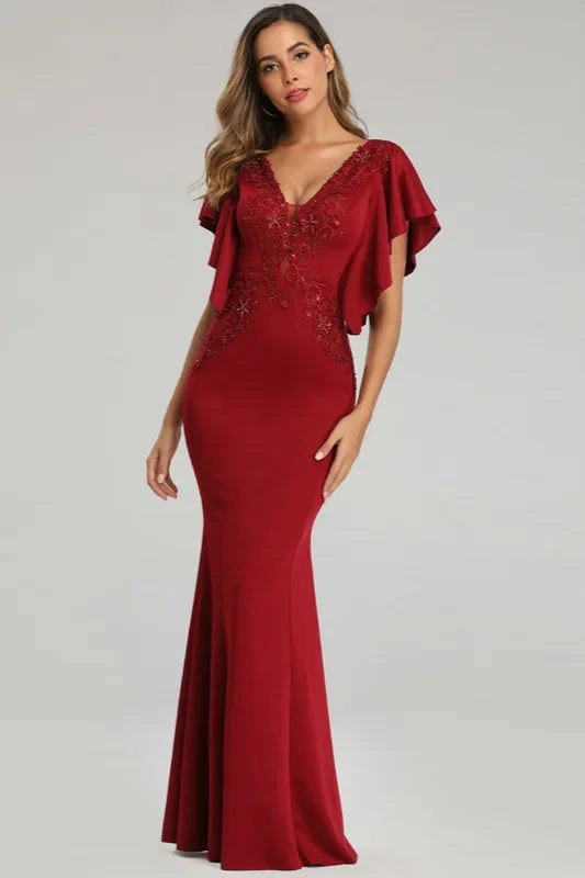 Modern V-Neck Mermaid Prom Dress Long Evening Gowns With Appliques Ruffles