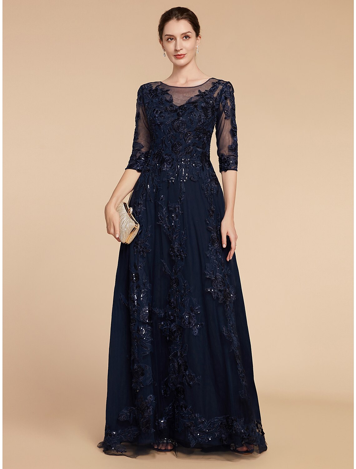 Aimishang A-Line Mother of the Bride Dress Formal Wedding Guest Elegant Party Scoop Neck Floor Length Chiffon Lace 3/4 Length Sleeve with Sequin Appliques