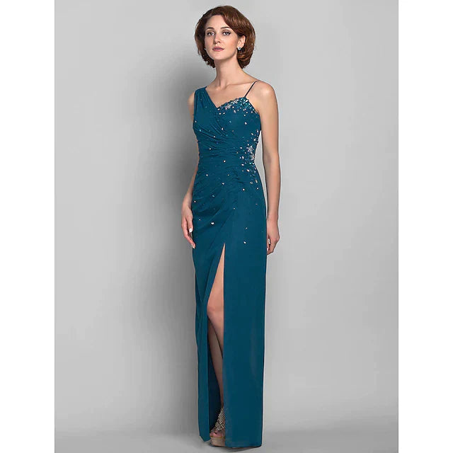 Sheath / Column Mother of the Bride Dress Furcal One Shoulder Floor Length Chiffon Sleeveless with Beading