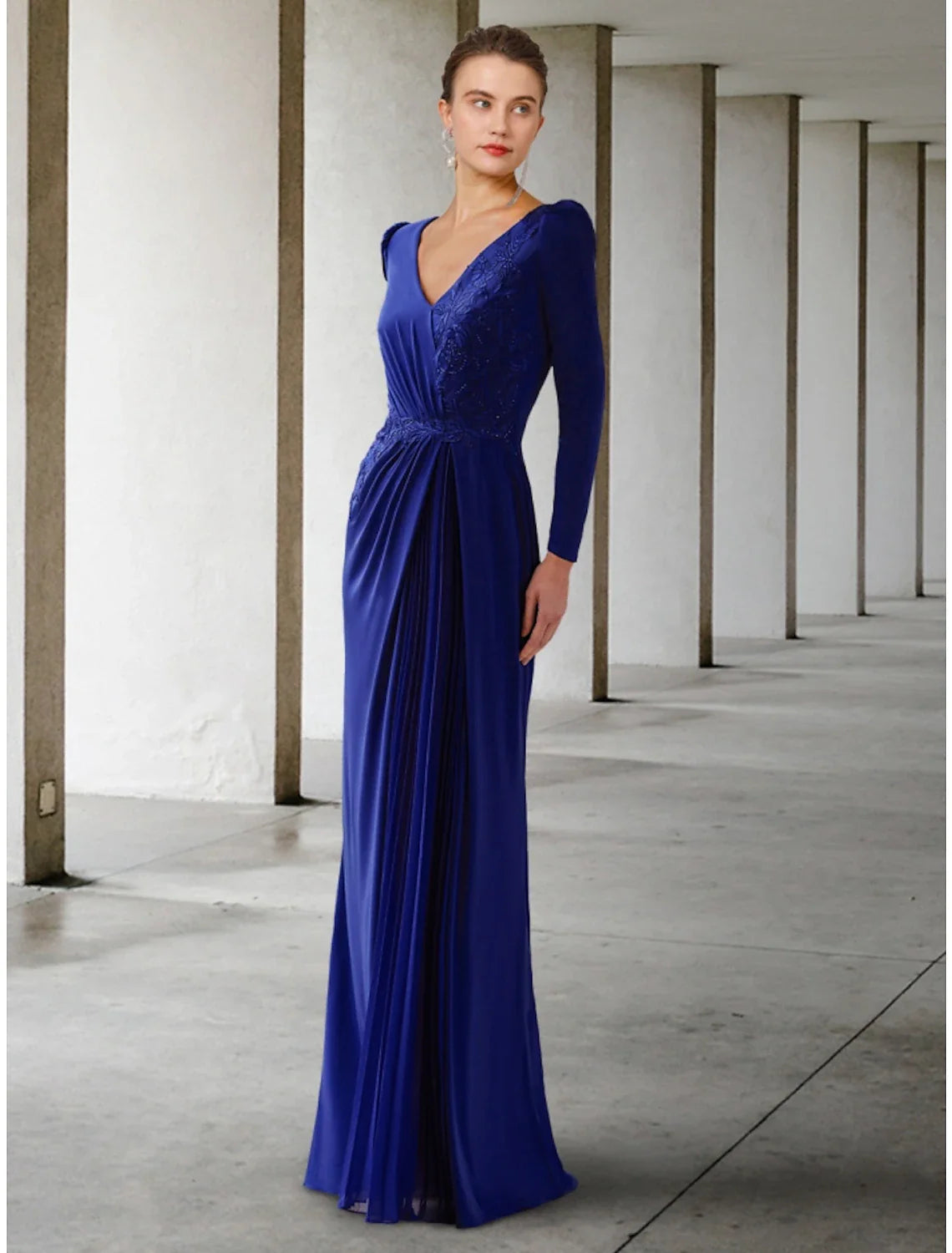 Aimishang A-Line Mother of the Bride Dress Wedding Guest Elegant V Neck Floor Length Lace Stretch Chiffon Long Sleeve with Ruching Solid Color