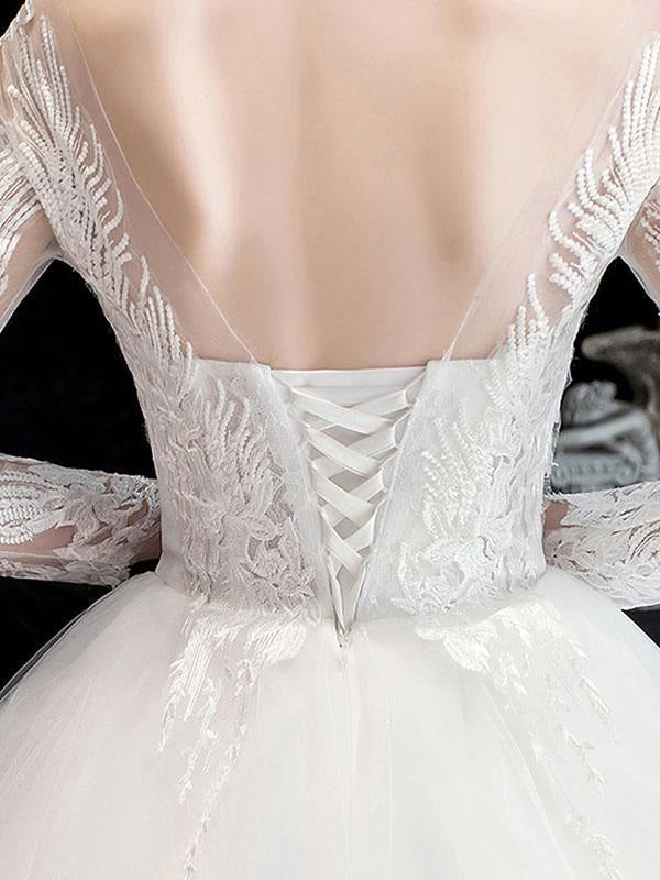 New White Wedding Dress Ball Gown Cathedral Train Jewel Neck 3/4 Length Sleeves Natural Waist Applique Satin Fabric Bridal Dresses