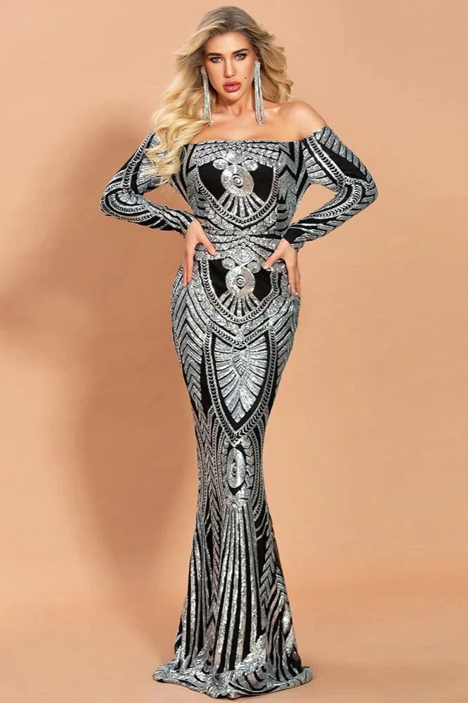 Off-the-Shoulder Long Sleeve Prom Dress Mermaid Sequins Evening Gowns