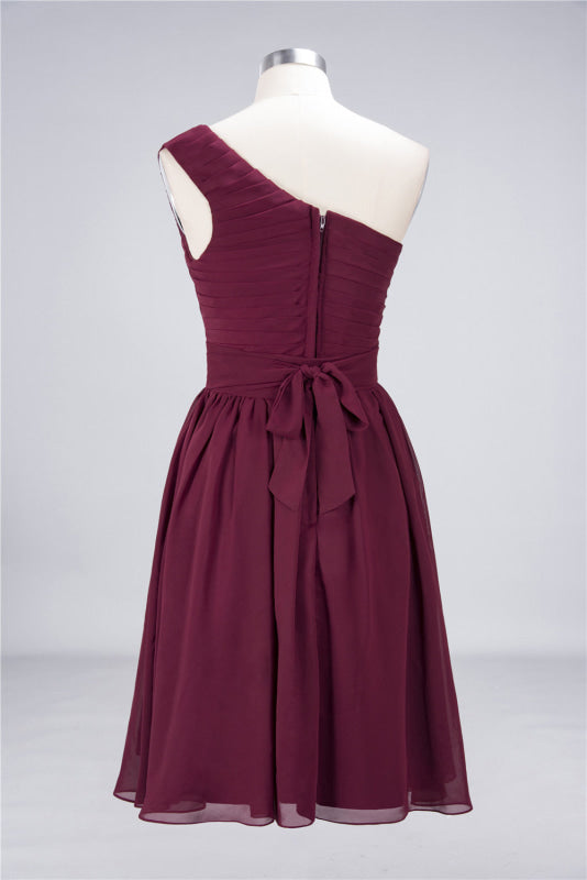 One Shoulder Ruffle Short Burgundy Bridesmaid Dresses Chiffon