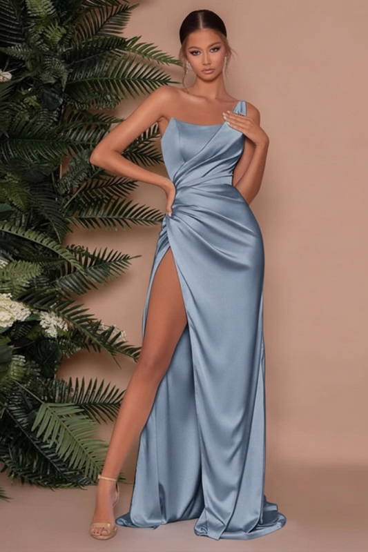 One Shoulder Sleeveless Long Slit Mermaid Evening Dress