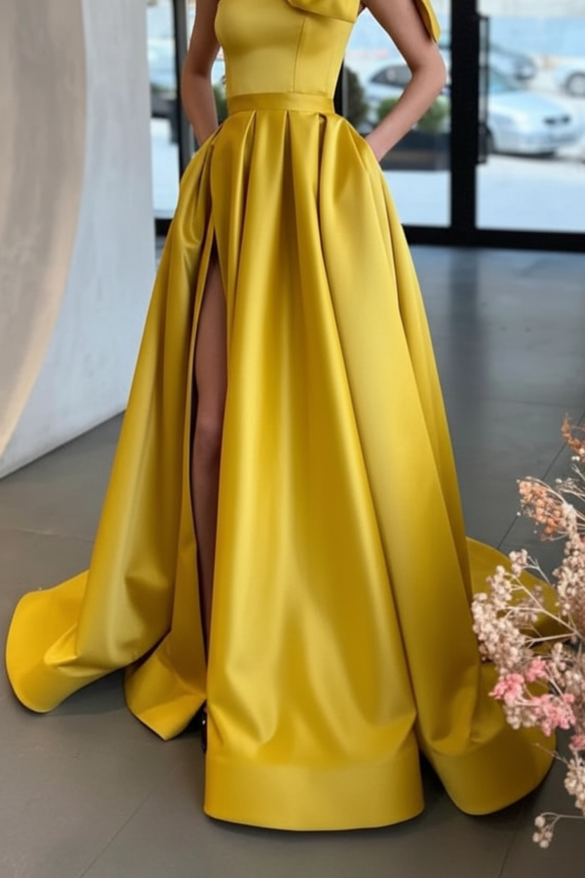 One Shoulder Yellow Satin Prom Dresses with High Slit Aline Graduation Evening Dresses