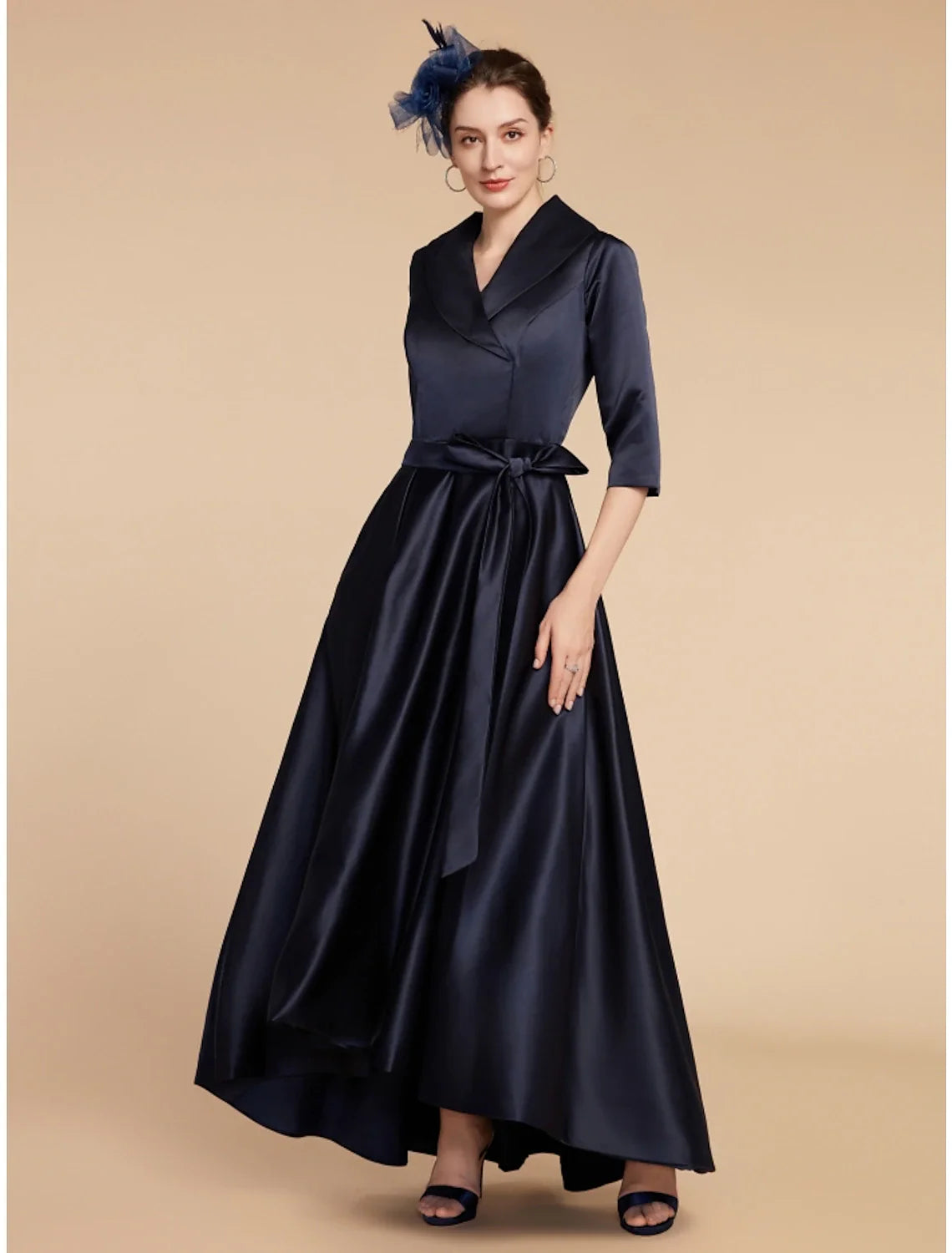 Aimishang A-Line Mother of the Bride Dress Wedding Guest Elegant V Neck Ankle Length Satin Half Sleeve with Sash / Ribbon Ruching Solid Color