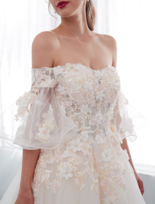 Princess Wedding Dresses Half Sleeve Off Shoulder Lace Flowers Pearls Applique Ivory Bridal Dress With Train