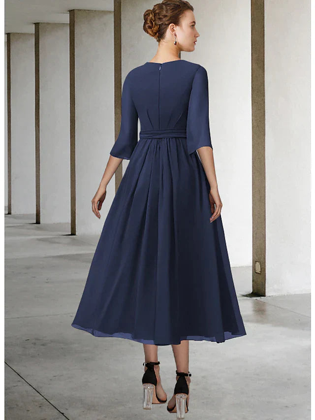 DingjiSheath / Column Mother of the Bride Dress Simple Elegant Scoop Neck Tea Length Chiffon Half Sleeve with Sash / Ribbon Pleats
