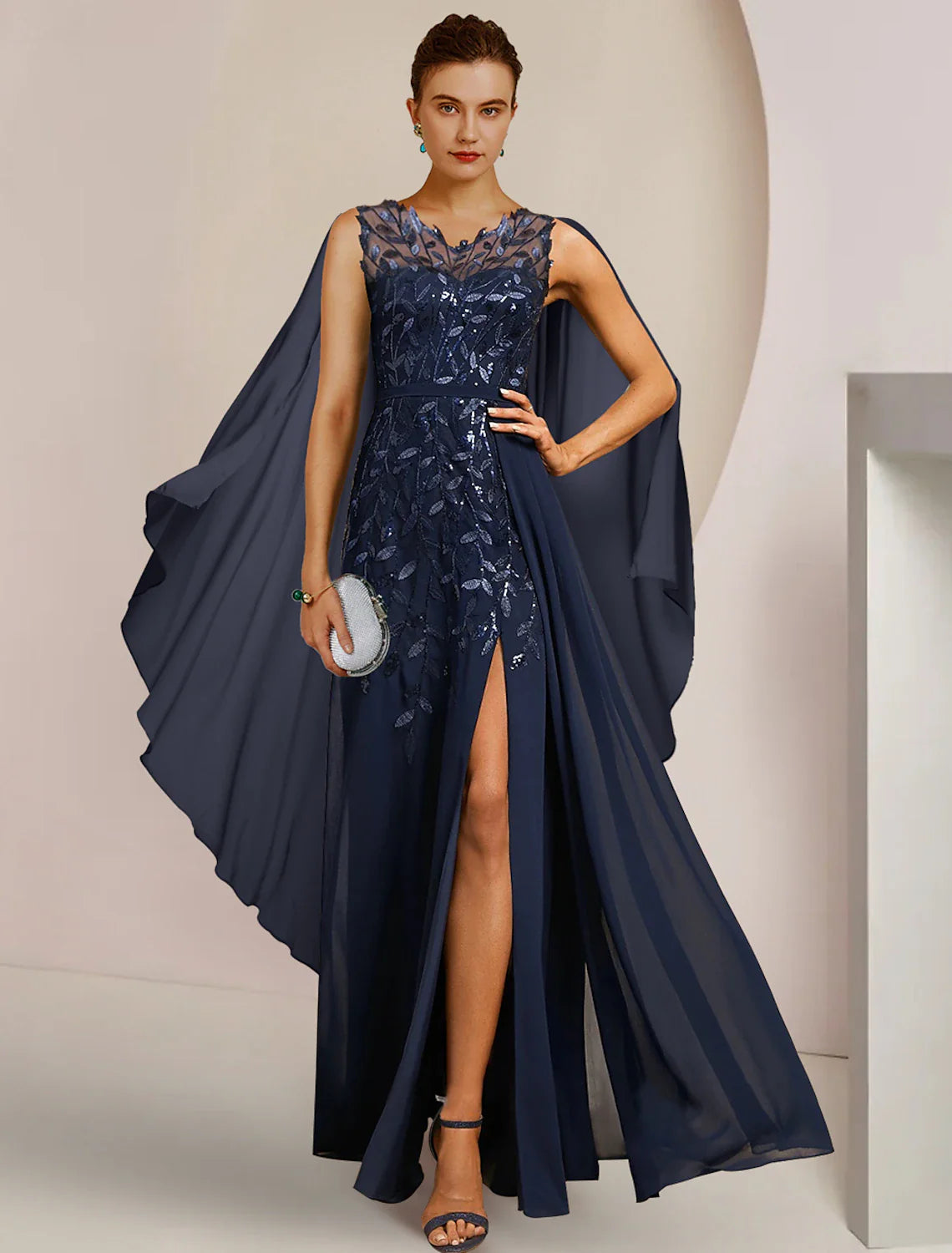 Aimishang A-Line Mother of the Bride Dress Formal Wedding Guest Elegant V Neck Floor Length Chiffon Sequined Sleeveless with Appliques Split Front