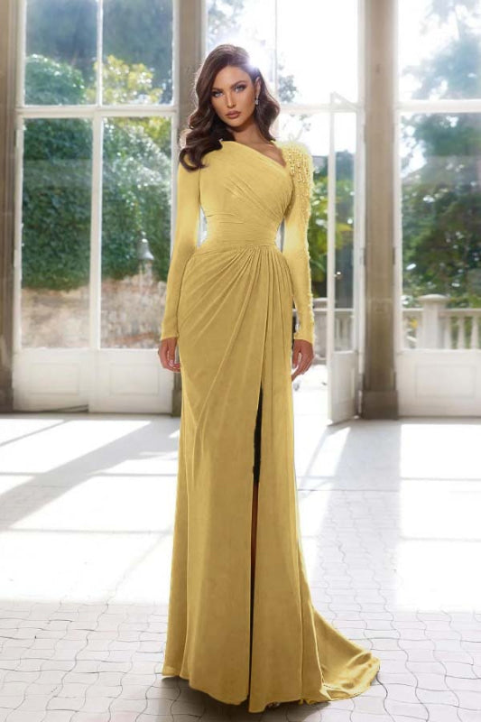 Radiant Asymmetric Pleated Slit Prom Gown with Long Sleeves