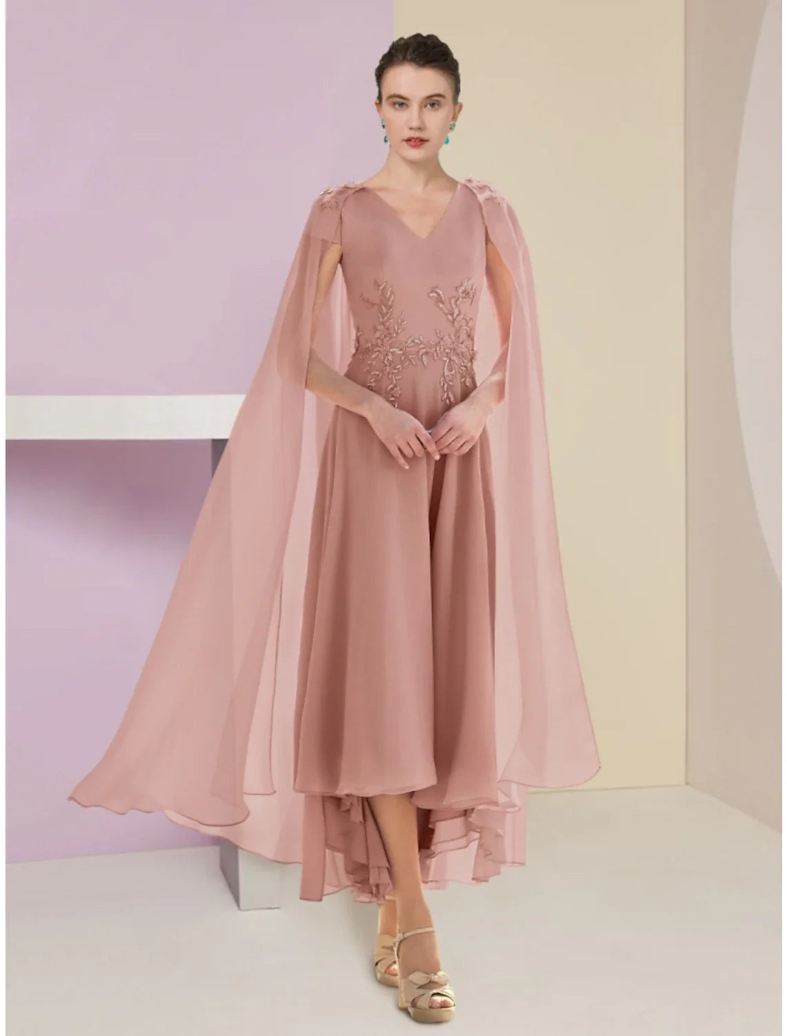 Aimishang A-Line Mother of the Bride Dress Wedding Guest Elegant V Neck Asymmetrical Ankle Length Chiffon Lace Short Sleeve with Ruching Solid Color